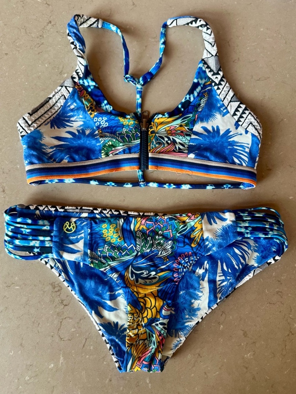 Maaji Bikini Set M Top / L Bottom Reversible Zip Front Blue Tropical Mixed Print